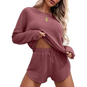 Ensemble de pyjama court en tricot gaufré pour femme, manches longues, vêtements de détente, vêtements de maison, marque privée, personnalisé - Product Image 6