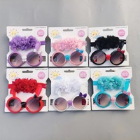 Bando rambut bayi perempuan, setelan pita rambut dengan kacamata bentuk bunga pita dengan mata piknik kacamata hitam UV400