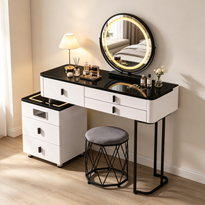 Black <b>Gloss</b> Top Vanity Set Round LED Ring Mirror 3 <b>Drawer</b> Side <b>Chest</b> Diamond Metal Frame Grey Cushion Stool Bedroom Makeup Desk - Product Image 1