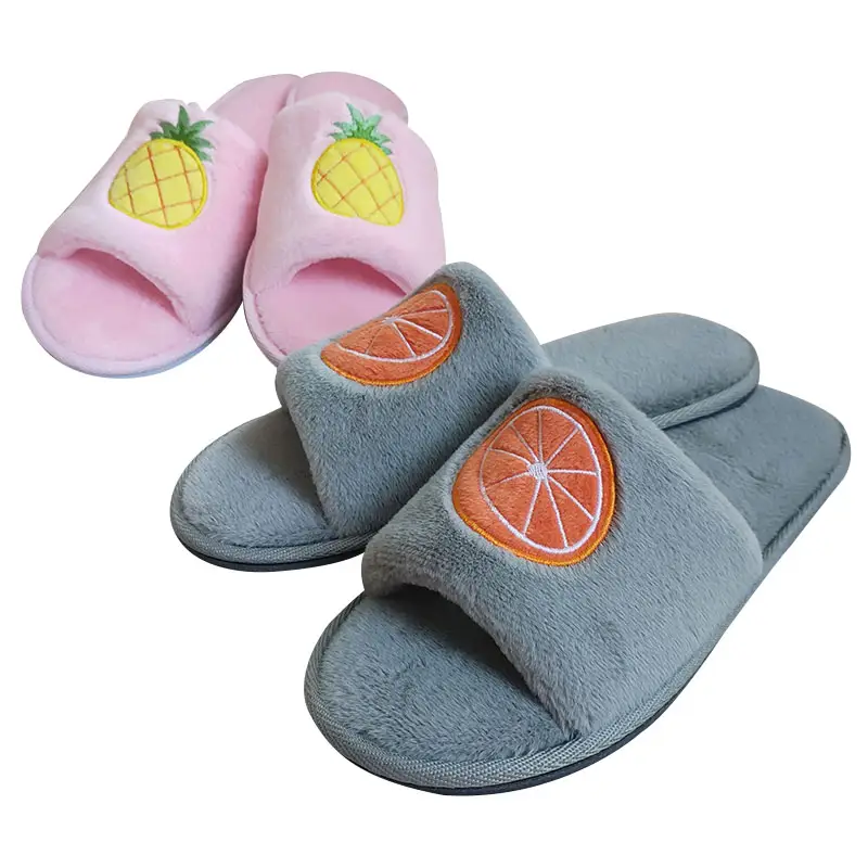 Venta al por mayor de fondo plano de moda de frutas zapatillas de interior de felpa de las mujeres mullidas casa zapatillas cómodas