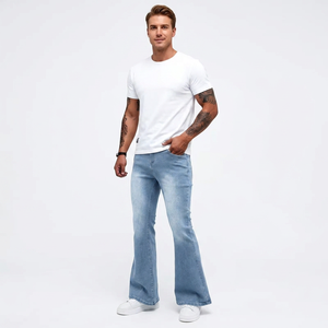 Jean évasé bleu clair pour homme, en denim de coton respirant délavé au sable, taille mi-haute, coupe droite, décontracté, pour le printemps, fabriqué au Bangladesh, couleur unie - Product Image 1