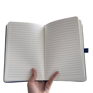 Bloc-notes personnalisé en cuir PU bleu pour entreprise, couverture rigide, écriture facile, lignes, porte-stylo - Product Image 2