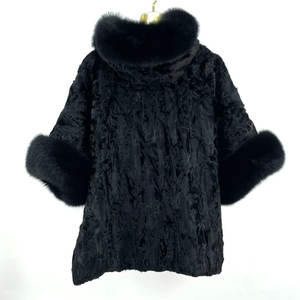 Poncho d'hiver pour femme en véritable fourrure de mouton <span class=keywords><strong>Karakul</strong></span>, réversible, grande taille, à capuche, manches chauve-souris, ample, chaud, décontracté, personnalisable - Product Image 2