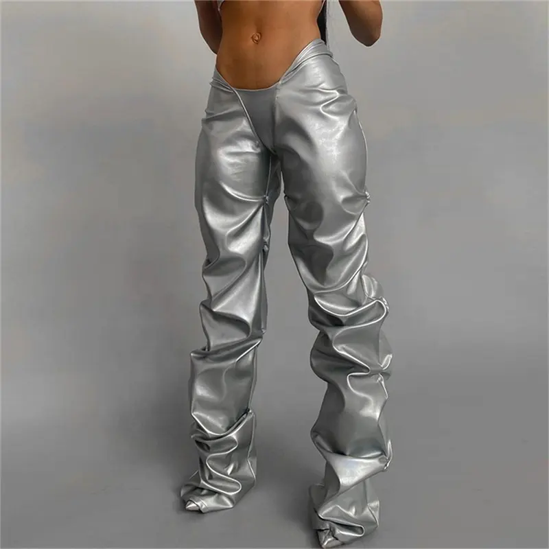 Black Silver Dropped Waist PU Leather Stacked Pants Women Low Waist Designer Bottoms