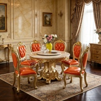 Ensemble de table à manger ronde en marbre de luxe européen, chaises de salle à manger avec cadre, revêtement en cuir PU, meubles de salle à manger pour la maison, vente en gros