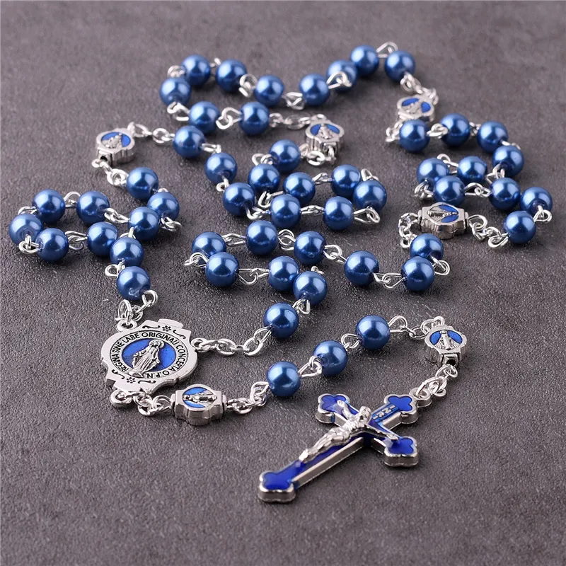 2022 New Customized Religious Jewelry Items Catholic Virgin Mary Chain Rosary 6mm Blue Glass Pearl Beads Rosario Women Necklaces