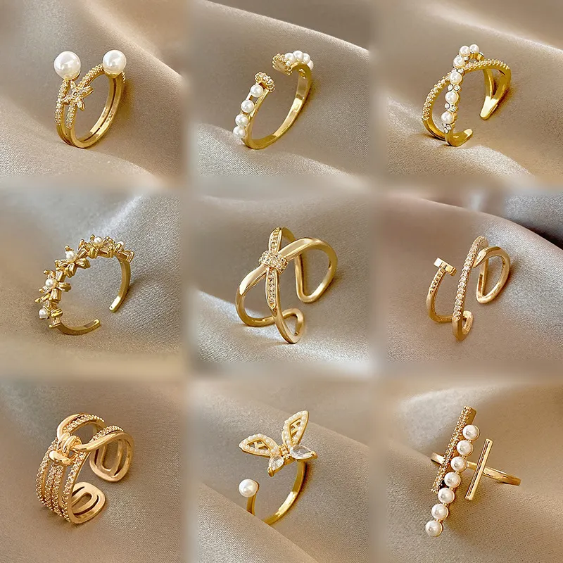 Korean Fashion Crystal Heart Copper Zircon Women's Wedding Ring Floral Pearl Geometric Cross Simple Gold Adjustable Diamond Ring