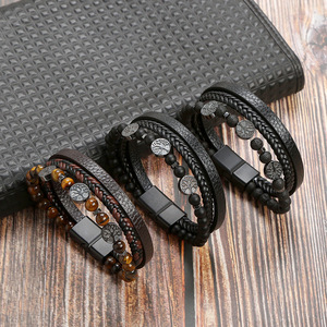 卸売価格 新入荷 メンズ ライフツリー レザー＆ストーン タイガーアイ マグネットバックル 編み込み ラップブレスレット トレンド 21CM - Product Image 3