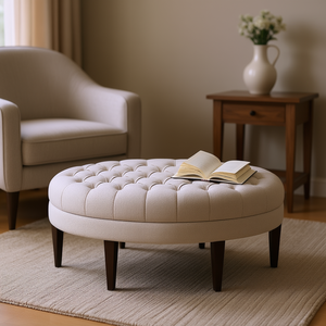 Banc Martin, pouf rond capitonné, revêtement en tissu, pieds en bois, meubles modernes pour salon, tabouret pour la maison - Product Image 2
