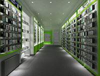 Aménagement de magasin de vente au détail, design de boutique électronique, peinture verte, présentoir intérieur pour accessoires de téléphonie mobile avec comptoir en verre