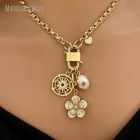 NM52436 Plaqué Or Rolo Chaîne Fermoir Perle Roue Fleur Coeur Forme CZ Micro Pave Charme Pendentif Collier Bijoux Cadeau