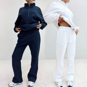 2025 High Quality Custom Logo Sweatshirt <b>Set</b> Women's Fashion Soft Cotton Fleece Drop Shoulder Quarter Zip Tracksuit 2 Piece <b>Set</b> - Product Image 1