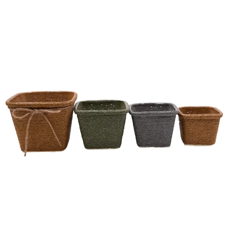 square paper rope handmade storage basket with bowknot for decorative wholesale household and lovely flower pot