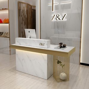 Mostrador de Recepción de Madera Moderno y Lujoso en Oferta, con Marco de Acero Inoxidable Dorado, Mostrador de Recepción Comercial para Salón de Belleza y Spa - Product Image 1