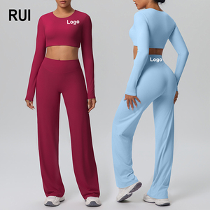 Conjunto Deportivo RUIQUWIN con Logotipo Personalizado para Mujer, Pantalones Anchos de Color Sólido, Top Corto de Manga Larga de Alta Elasticidad, Ropa Deportiva para Correr al Aire Libre - Product Image 1