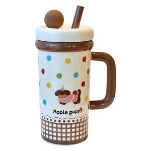 Apple Bear Ceramic Mug <b>With</b> <b>Lid</b> <b>And</b> <b>Straw</b> Yellow Polka Dot Design Large Capacity For Home Use Gift <b>Cup</b> Spring 2025 - Product Image 2