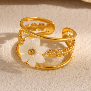 18K Gold Plated Stainless Steel Natural Shell Flower Double Layer Hollow Open Adjustable Stackable <b>Statement</b> <b>Ring</b> For Women - Product Image 6