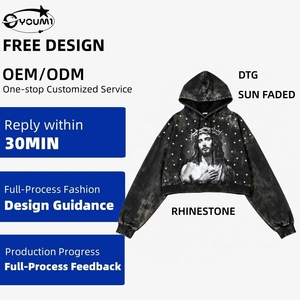 Youmi Tùy Chỉnh OEM Kỹ Thuật Số Dtg In Mặt Trời Faded Rhinestone Crop Pháp Terry 100% Cotton Thân Thiện Với Môi 400-500G Người Đàn Ông Của Áo - Product Image 1