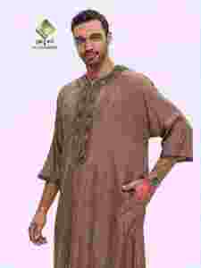 Túnica de Algodón Marrón para Hombre Al Haramain, Manga Tres Cuartos, Largo hasta el Tobillo, Corte Holgado, Estilo de Oriente Medio, Uso Diario Informal - Product Image 3