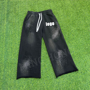 Pantalon de survêtement brut personnalisé avec cordon de serrage lavé à l'acide jambe droite Street Style Rhinestone Baggy - Product Image 1