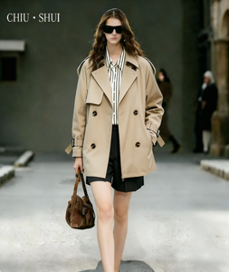 Elegante <span class=keywords><strong>Trench</strong></span> Corto Doppiopetto da Donna, Novità Primavera, Taglia Piccola, Colletto Rovesciato, Fodera in Pile - Product Image 1