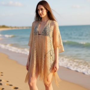 Paréo de plage tricoté à franges Angelina, col en V, coupe ample, 92x165cm - Product Image 2
