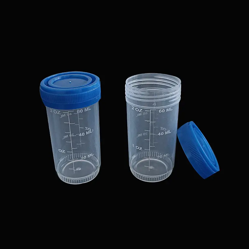 Gelas urin medis, gelas koleksi spesimen plastik 60ml, wadah urin steril