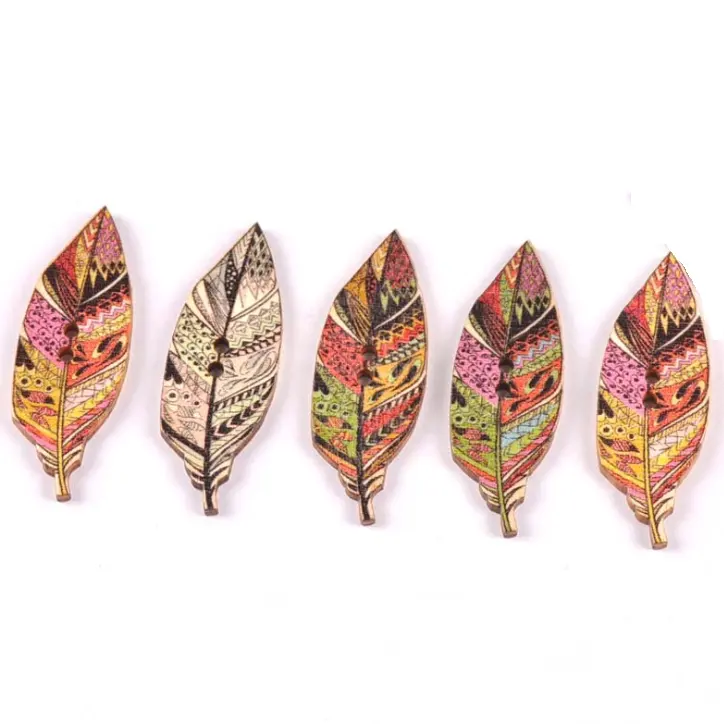 Botón de hojas de madera con estampado colorido, parte trasera plana, para ropa o decoración, gran oferta