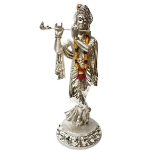 Patung Dewa Agama Buatan Tangan Dekoratif Electroplating Kuningan Warna Perak Idola Patung Resin Lord Radha Krishna