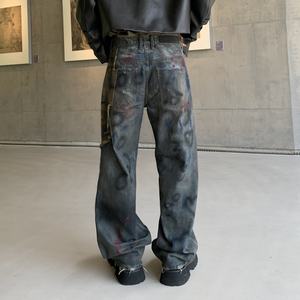 Pantalones Vaqueros Anchos de Estilo Moderno para Hombre, Pantalones Largos 3D de Alta Gama con Estampado de Grafiti Pintado a Mano, Estilo Hip Hop Desgastado - Product Image 3