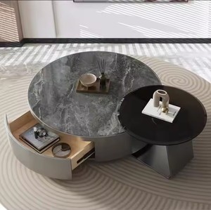 Italian Luxury Modern Rock Plate Round Coffee <strong>Table</strong> Minimalist Stainless Steel Titanium <strong>Grey</strong> Tempered Glass <strong>Coffe</strong> Side <strong>Tables</strong> - Product Image 2