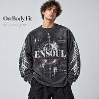 T-shirt Homme Personnalisé Vintage Délavé Effet Usé Manches Longues Imprimé Trous Déchirés Col Rond Coton Épais Coupe Oversize Streetwear