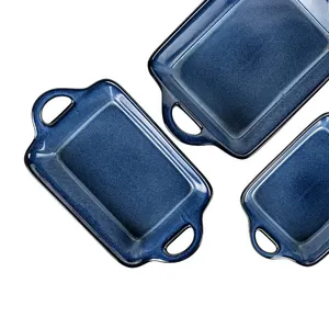 UNICASA-platos de cerámica para hornear, sartenes rectangulares azules para horno