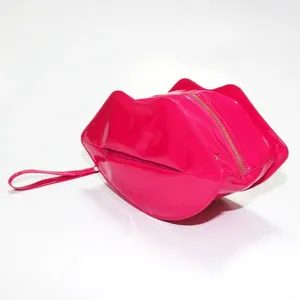 OEM customized oversized lady pink lips shape hand bag ladies make up brush cosmetic lips shape clutch bag for women