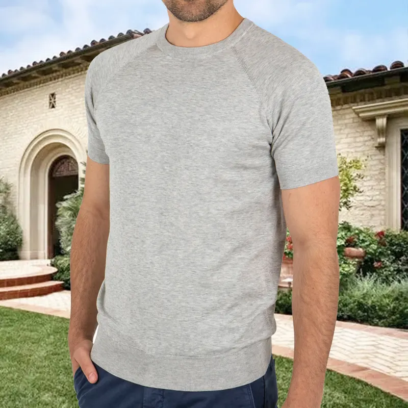 2024 Neues Design Sommer Herren atmungsaktiv 30% Seide 70% Baumwolle T-Shirt Übergröße einfarbig weiß Vintage gestrickte T-Shirts für Herren