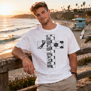 T-shirt personnalisé drôle « Jésus sauve le gardien de but », T-shirt graphique <span class=keywords><strong>en</strong></span> coton vieilli coupe oversize, haut décontracté pour supporter chrétien de football pour le jour du match - Product Image 5