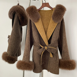 2025 automne hiver femmes Double face laine manteau fourrure de renard garniture <span class=keywords><strong>mi</strong></span>-<span class=keywords><strong>long</strong></span> <span class=keywords><strong>Trench</strong></span> manteau luxe pardessus - Product Image 3