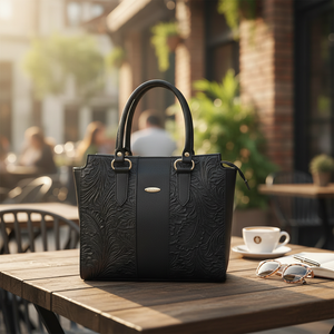 Borsa a Mano in Pelle di Vacchetta Nera Camila Fana, Due Manici, Grande Capacità, con Motivi Floreali in Rilievo, Borsa Casual da Donna - Product Image 3