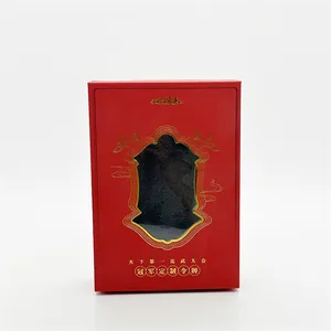 Caja de regalo de cartón duro rojo de lujo biodegradable impresión personalizada con ventana transparente