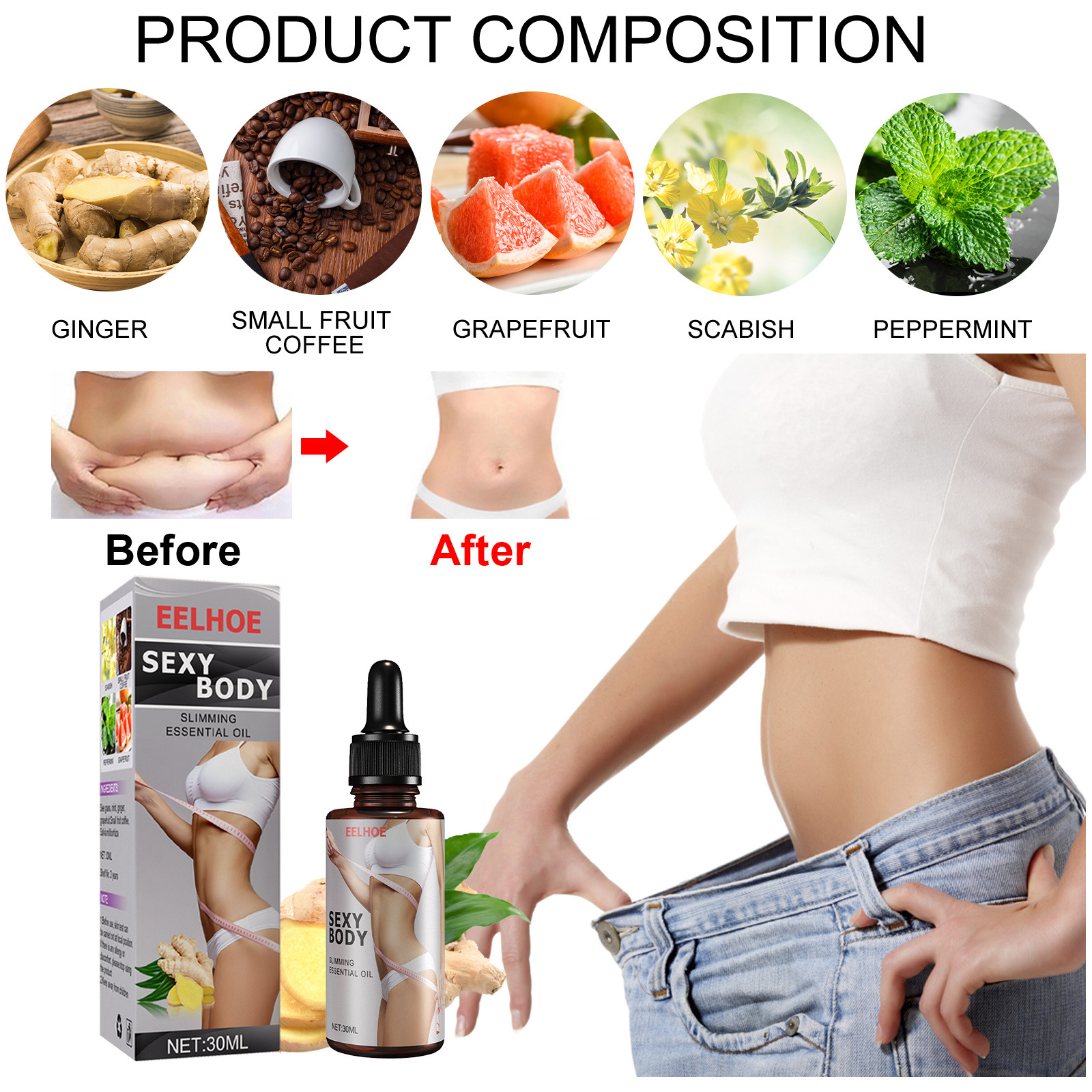 Popular EELHOE Natural Extract Essential Oil Fat Burning Weight Loss Slimming Massage Oil For Sexy Body