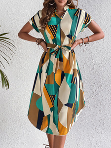 Women's 2026 European and American vacation style color block dress with belt <b>short</b>-sleeved <b>skirt</b> - Product Image 3