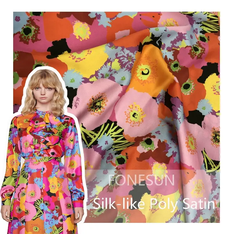Design floral personnalisé imprimé Satin Stretch soie soyeuse comme tissu Satin de polyester pour robes