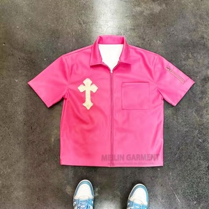 OEM Custom High Quality Short Sleeve Fashion Zip Pocket Casual Turn-<b>down</b> Collar Men's Pu Leather Zip up Mens Leather Shirts - Product Image 3