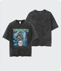 उच्च सड़क पुरुष ओवरसाइज बुना हुआ काले पुराने धोने यूरोपीय पुरुषों की छोटी आस्तीन टी-शर्ट - Product Image 3