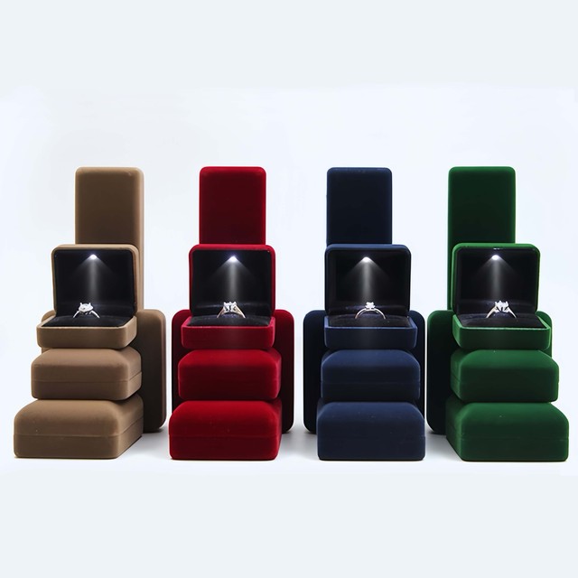 Premium Custom Logo Rectangle Ring Box Square | Hook Loop Closure LED Light Velvet Lining for Luxury Jewelry Presentation