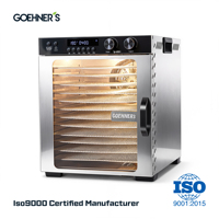 12-bakjes voedseldroger 1100W 5 vooraf ingestelde modi 30-90°C 0-48 uur timer SUS304 bakjes 9,3 kg voor fruit, leer, kruiden, voedseldehydrator