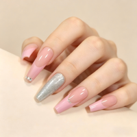 Venta al por Mayor de 24 Uñas Postizas Francesas Color Rosa Degradado con Purpurina, Diseño de Fresa y Cereza, Uñas Postizas Largas en Forma de Ataúd, Puntas de Uñas Falsas Reutilizables de ABS