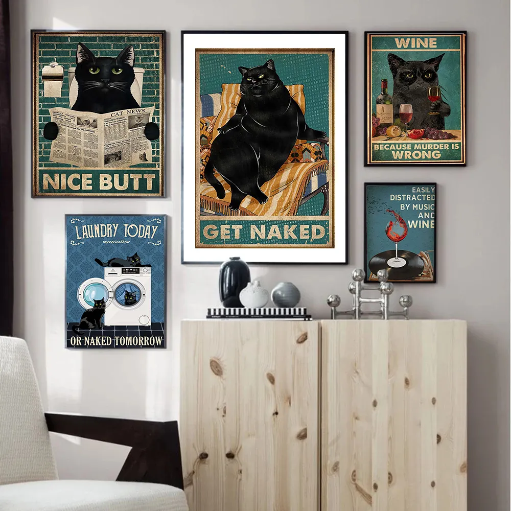 Mental Black Cat Poster Your Butt Napkins Art Print Vintage Get Naked Retro Funny Bathroom Sign Canvas Painting Home Decor