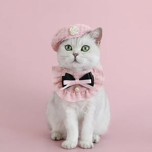 Conjunto de Disfraz de Gato o Cachorro con Sombrero, Collar, Decoración Floral, Boina de Tweed, Lazo, Babero de Perlas, Estilo Princesa, Accesorios para Fiestas para Gatitos - Product Image 5