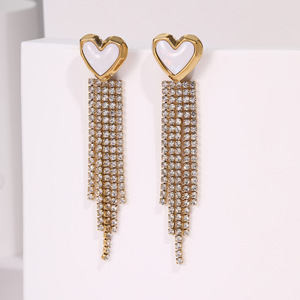 Boucles d'oreilles pendantes de luxe rétro en forme de cœur avec pampilles pour femme, plaqué or 18 carats, strass, franges, acier inoxydable, bijoux tendance 2026 - Product Image 4